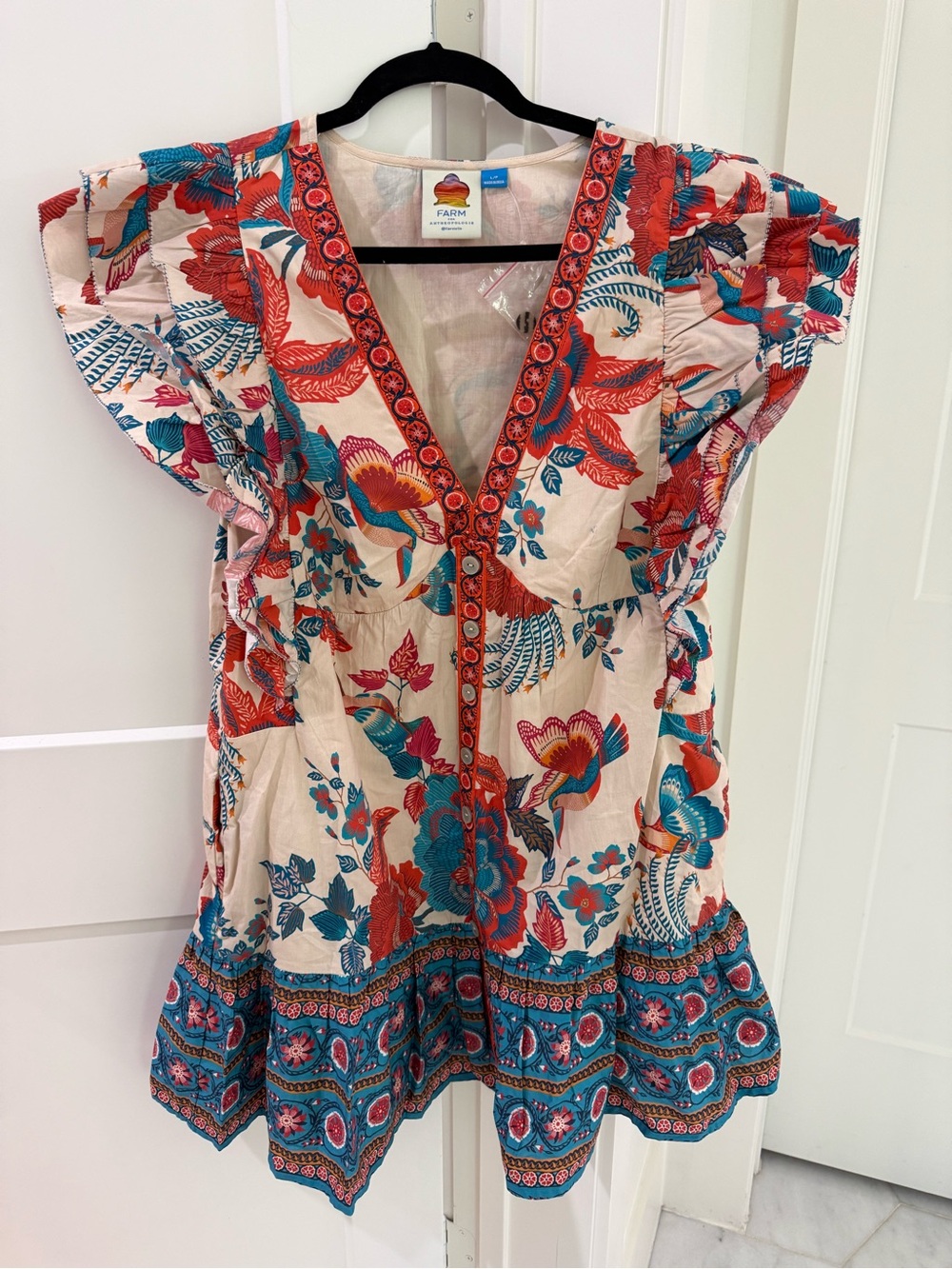 FARM Rio Cream Mini Dress with Red & Teal Floral Print